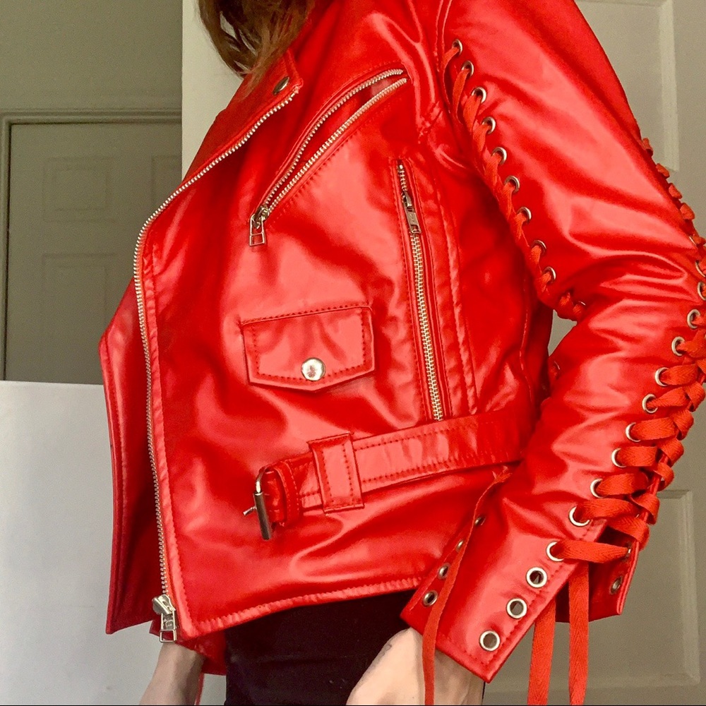 RED VEGAN LEATHER BIKER JACKET